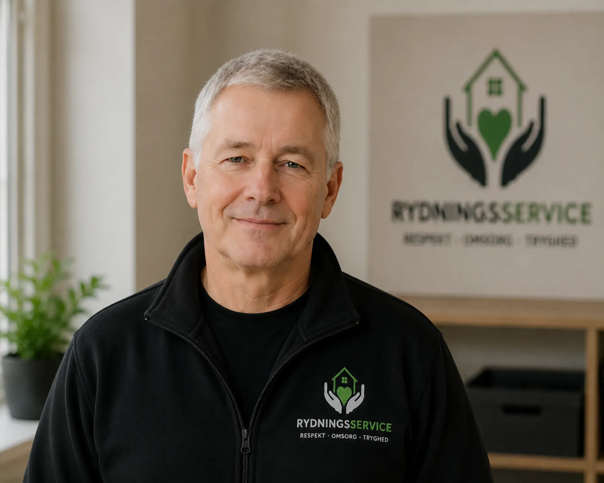 Mand i Rydningsservice ApS uniform foran logo, klar til rydningsopgaver.