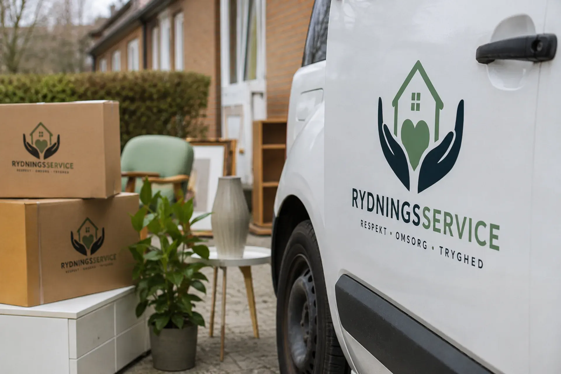 Rydningsservice ApS logo på side af varevogn med flyttekasser i baggrunden.