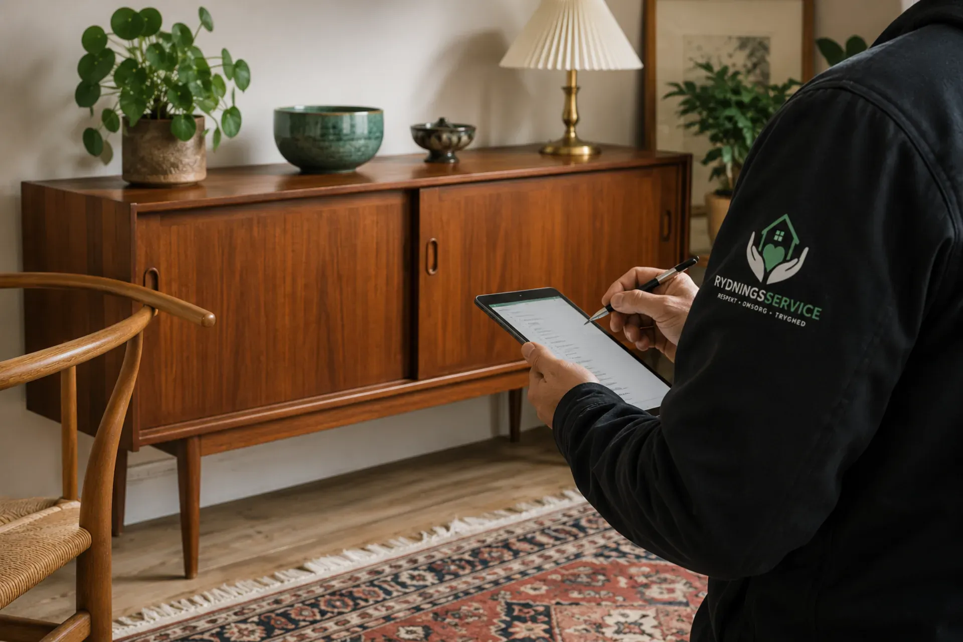 Rydningsservice ApS medarbejder bruger tablet til planlægning indendørs.