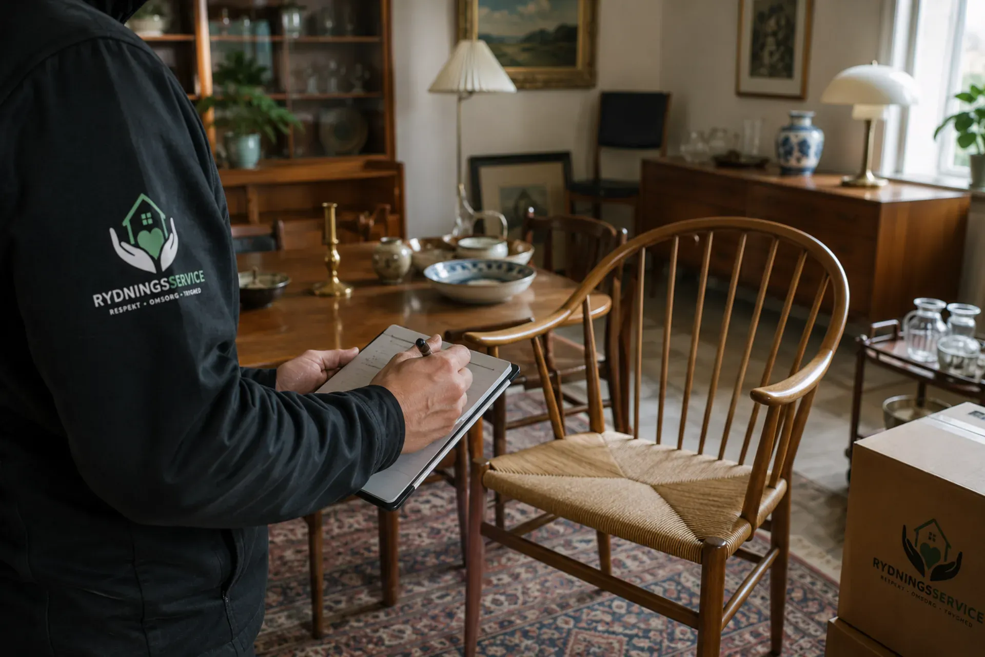 Rydningsservice DK medarbejder noterer i et notat i et hjemmet stue.