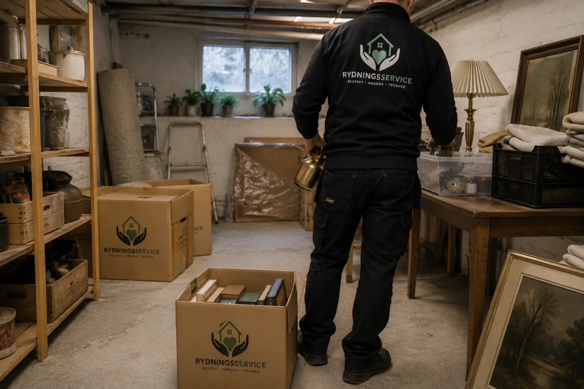 Rydningsservice ApS medarbejder i lager med flytte- og rydningsudstyr.