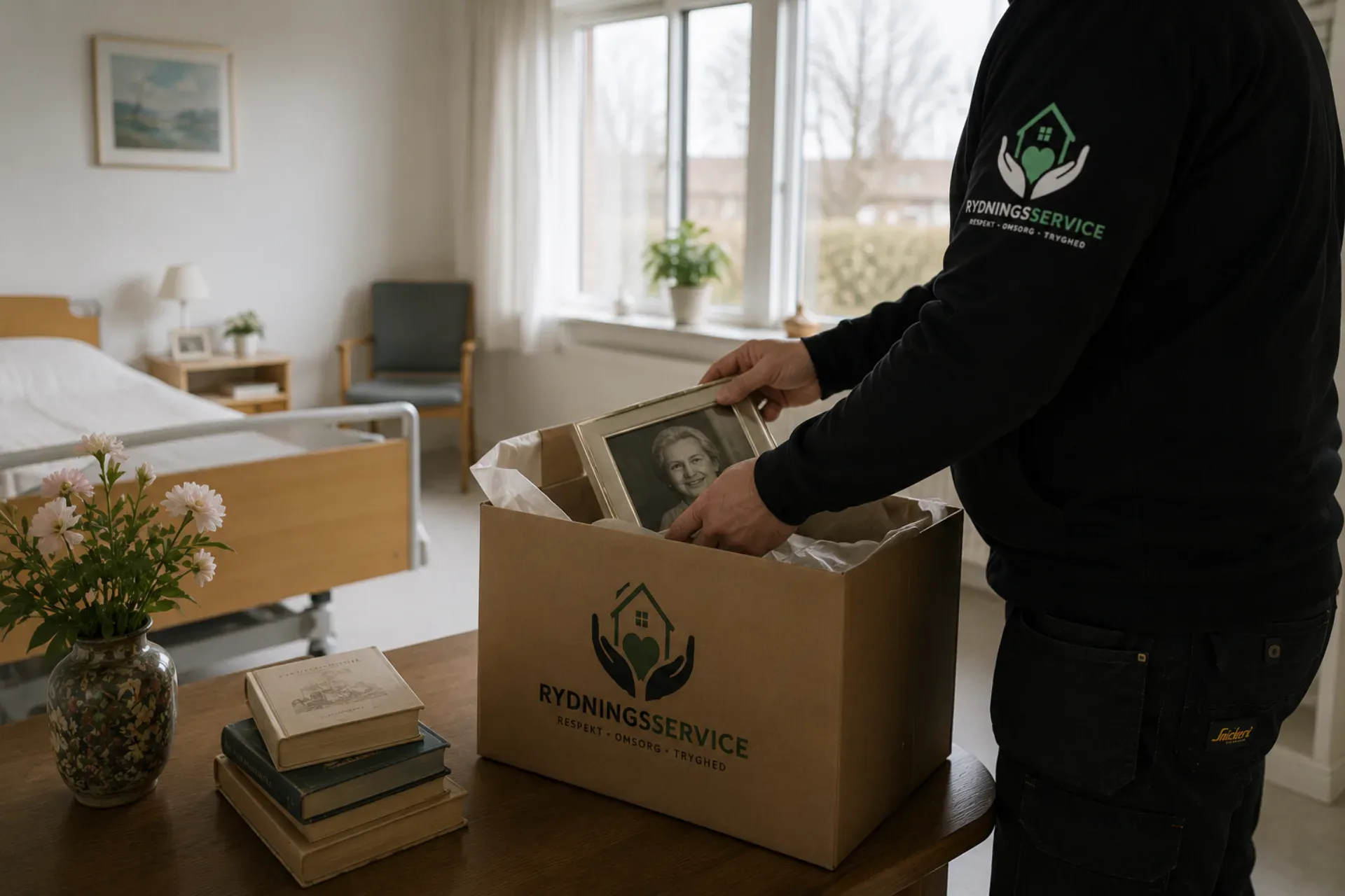 Rydningsservice person pakker billeder i et hjem, klar til at flytte.