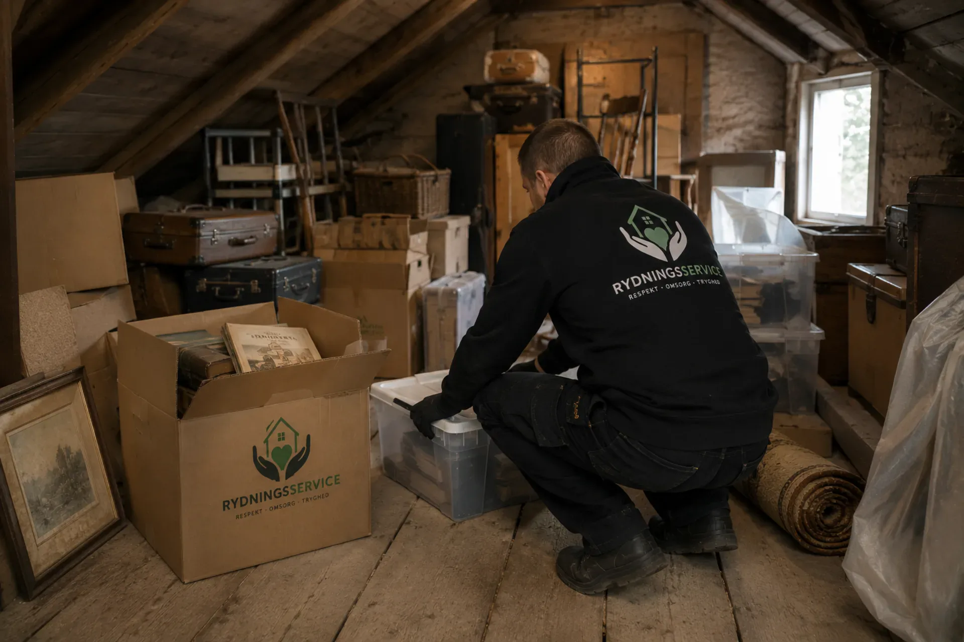 Rydningsservice ApS medarbejder pakker genstande i et loftsrum.