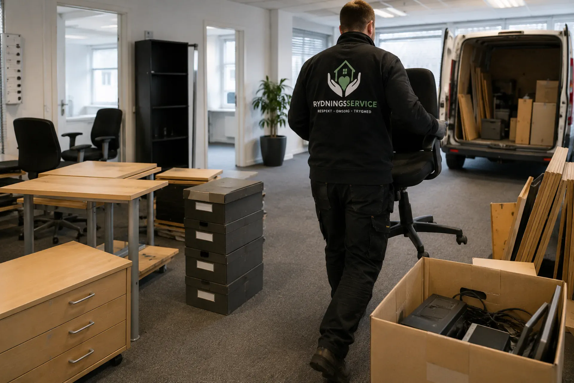 Rydningsservice ApS medarbejder i kontor med flytte- og rydningsudstyr.