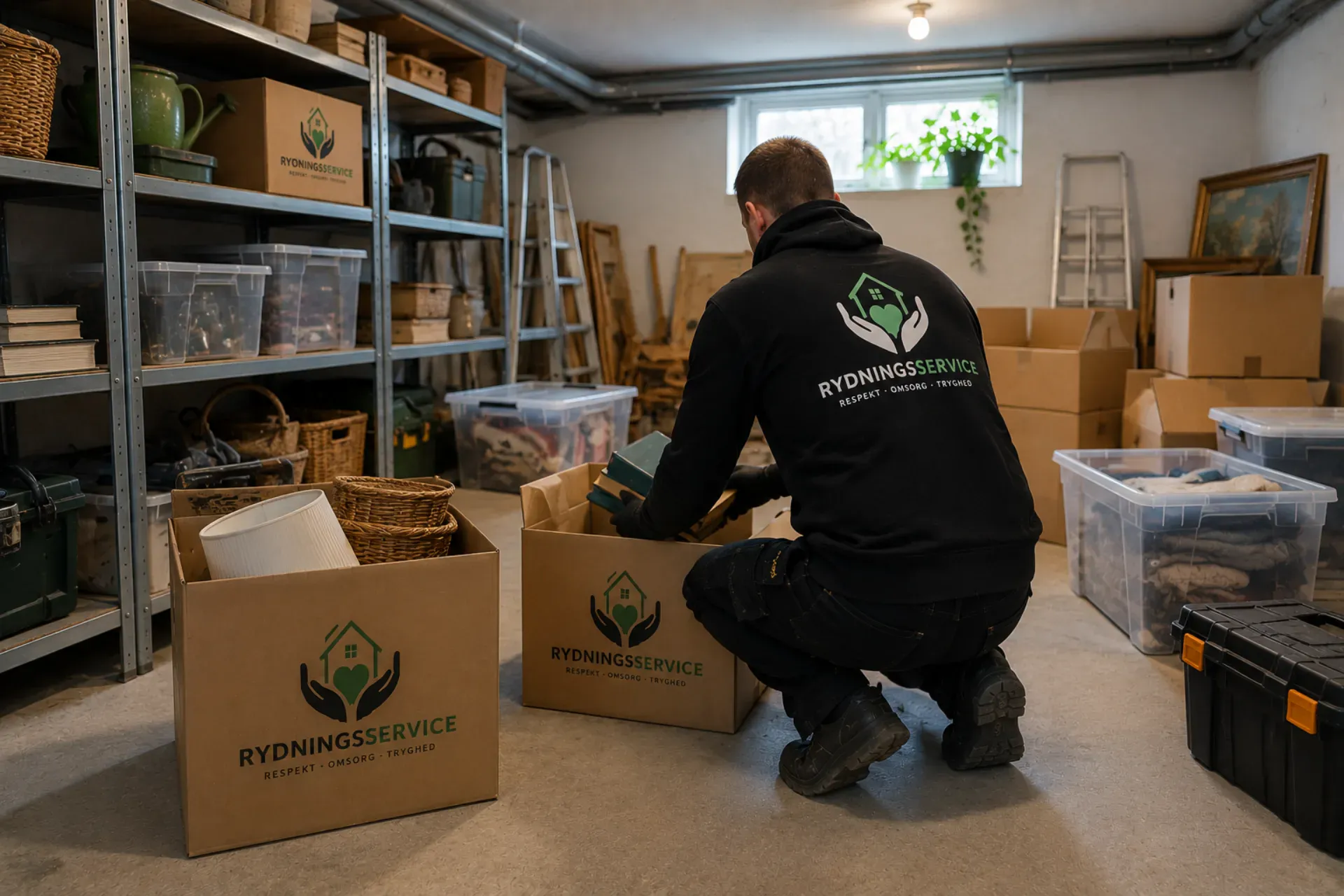 Mand pakker flyttekasser med Rydningsservice logo i et opbevaringsrum.