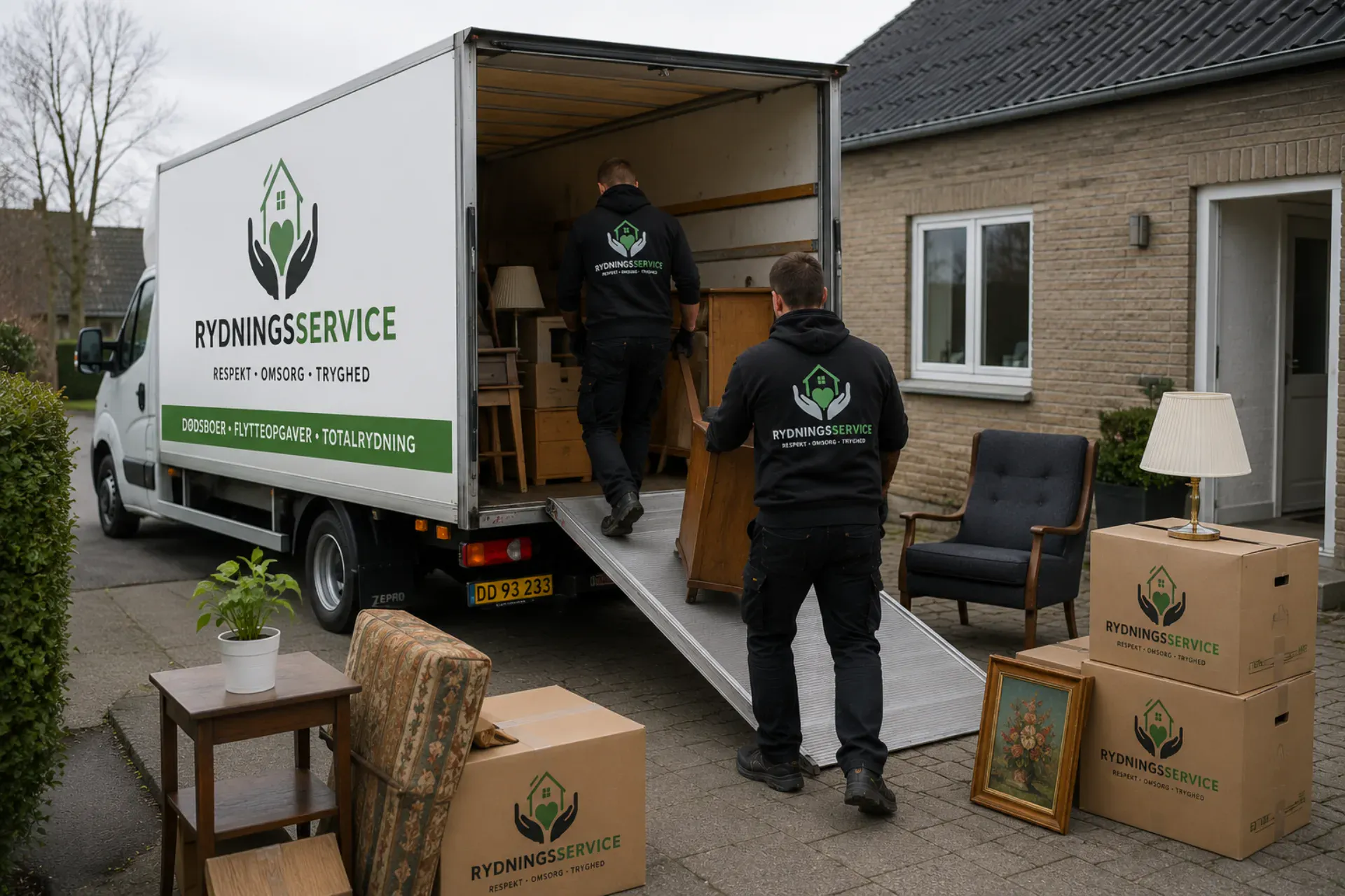 Rydningsservice ApS flyttebil med medarbejdere, klar til flytning.