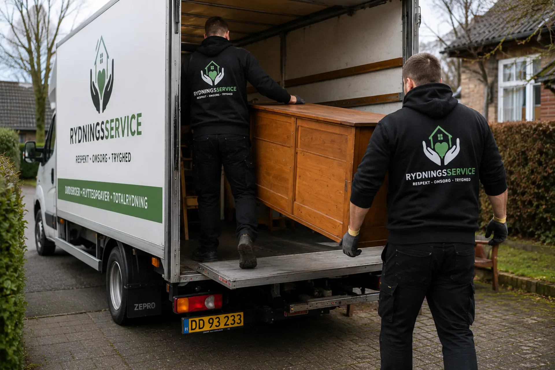 Rydningsservice i aktion med to mænd, der flytter en stor træskuffe.