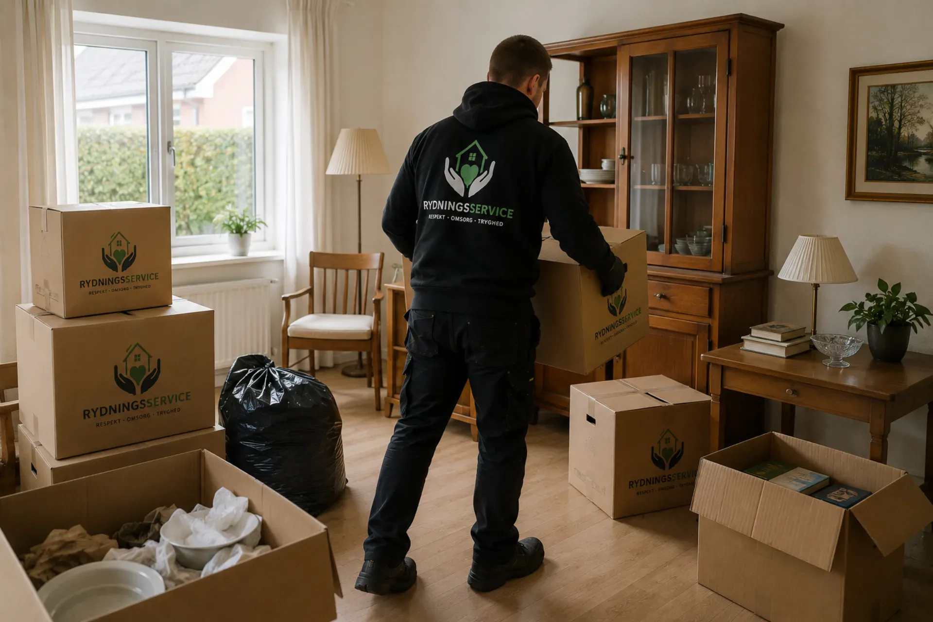 Rydningsservice arbejder i et hjem med flytning og emballage.