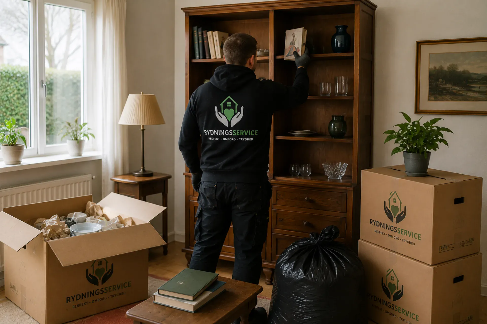 Rydningsservice DK medarbejder pakker flyttekasser i stue.